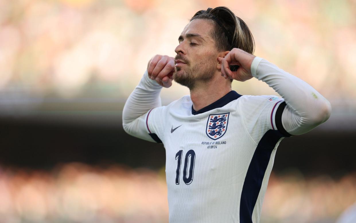 Jack Grealish celebrates after scoring his goal against Ireland, 7 September, 2024