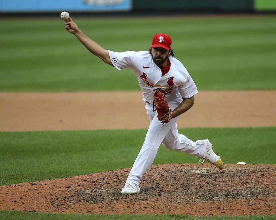 St. Louis Cardinals relief pitcher Nabil Crismatt throws during the seventh inning in the first game of a baseball doubleheader against the Detroit Tigers, Thursday, Sept. 10, 2020, in St. Louis. (AP Photo/Scott Kane)