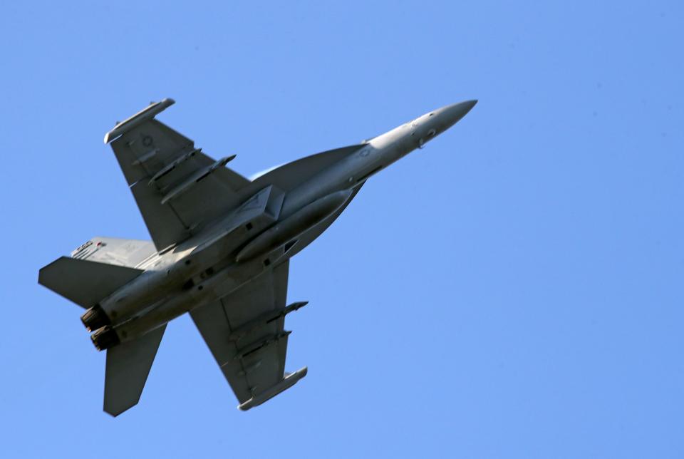 A Navy EA-18 Growler take part in the 2023 Kentucky Derby Festival's Thunder Over Louisville airshow featured dozens of civilian and military aircraft on Saturday, April 22, 2023.