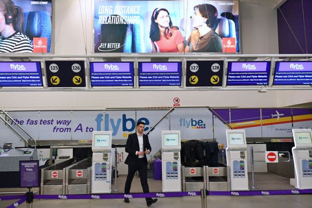 Empty Flybe check-in desks at Birmingham International Airport