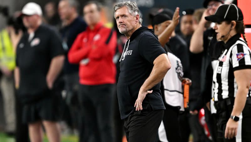 Utah Utes head coach Kyle Whittingham watches the game from the sideline as Utah and Northwestern play in the SRS Distribution Las Vegas Bowl at Allegiant Stadium on Saturday, Dec. 23, 2023. Northwestern won 14-7.