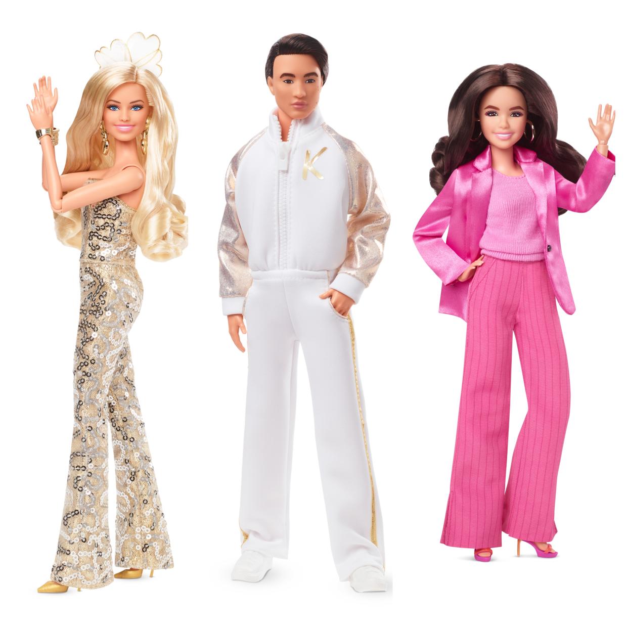 Other looks from the film that received a doll incarnation are Barbie in a gold jumpsuit, Ken in a gold and white ensemble and the character Gloria Vaughn, wearing an all-pink outfit. (Credit: Mattel, inc.) 