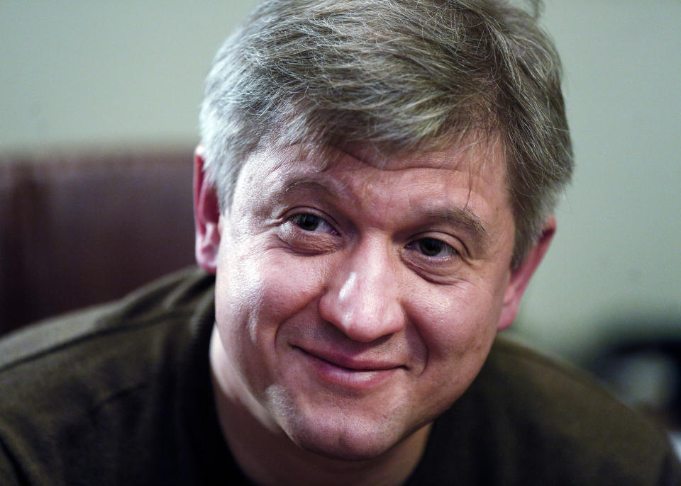 Oleksandr Danyliuk, former Ukrainian Minister of Finance and advisor to presidential candidate Volodymyr Zelenskiy, talks during an interview with The Associated Press in Kiev, Ukraine, Wednesday, April 3, 2019. The thriving campaign of comedian Volodymyr Zelenskiy to be Ukraine’s president may seem improbable, but his campaign adviser says the country has reached the point where it needs reforms from seemingly unlikely sources. Oleksandr Danylyuk spoke to The Associated Press on Wednesday, three days after the election first round in which Zelenskiy easily outpaced incumbent Petro Poroshenko. (AP Photo Efrem Lukatsky)