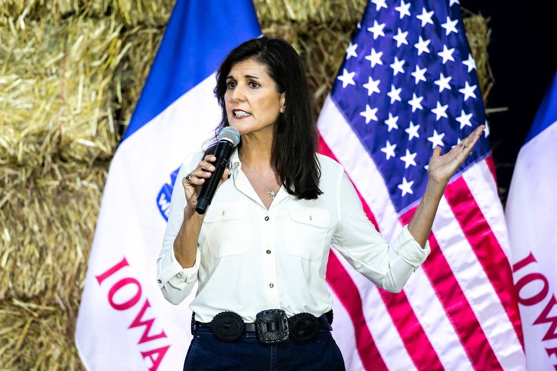 Republican presidential candidate Nikki Haley speaks during the annual Roast and Ride fundraiser for U.S. Sen. Joni Ernst, Saturday, June 3, 2023, at the Iowa State Fairgrounds in Des Moines, Iowa.