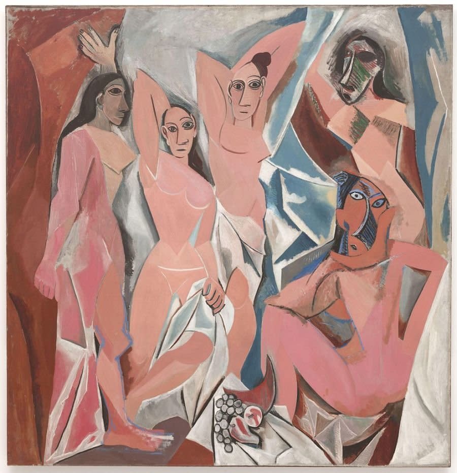 Picasso's famous Primitivist painting portrays five nude prostitutes allegedly from a brothel in Barcelona. With their unconventional female forms and relentless gazes, the image is a proto-Cubist version of erotica.