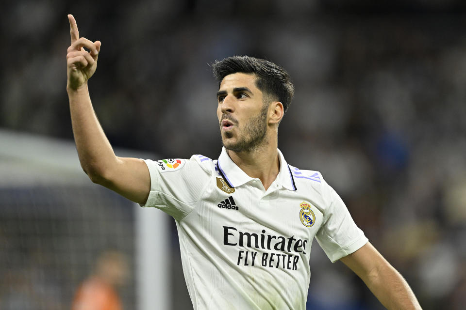 MADRID, SPAIN - APRIL 22: Marco Asensio of Real Madrid celebrates after scoring a goal during the La Liga week 30 football match between Real Madrid and Celta Vigo at Santiago Bernabeu Stadium in Madrid, Spain on April 22, 2023. (Photo by Burak Akbulut/Anadolu Agency via Getty Images)