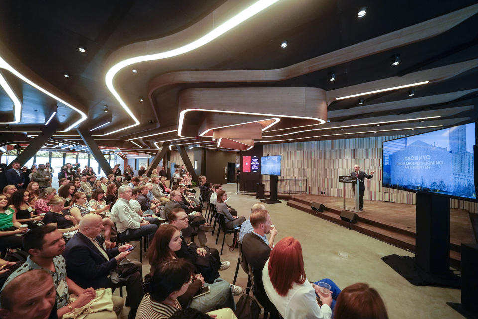 Former New York City Mayor Michael Bloomberg speaks at the Perelman Performing Arts Center during a news conference to announce the center's inaugural season events calendar, Wednesday, June 14, 2023, in New York. (AP Photo/John Minchillo)