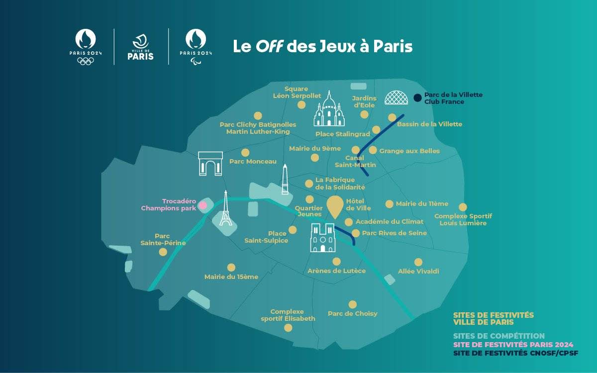 La cartes des lieux de festivités gratuits et ouverts à tous pour les JO de 2024 à Paris.