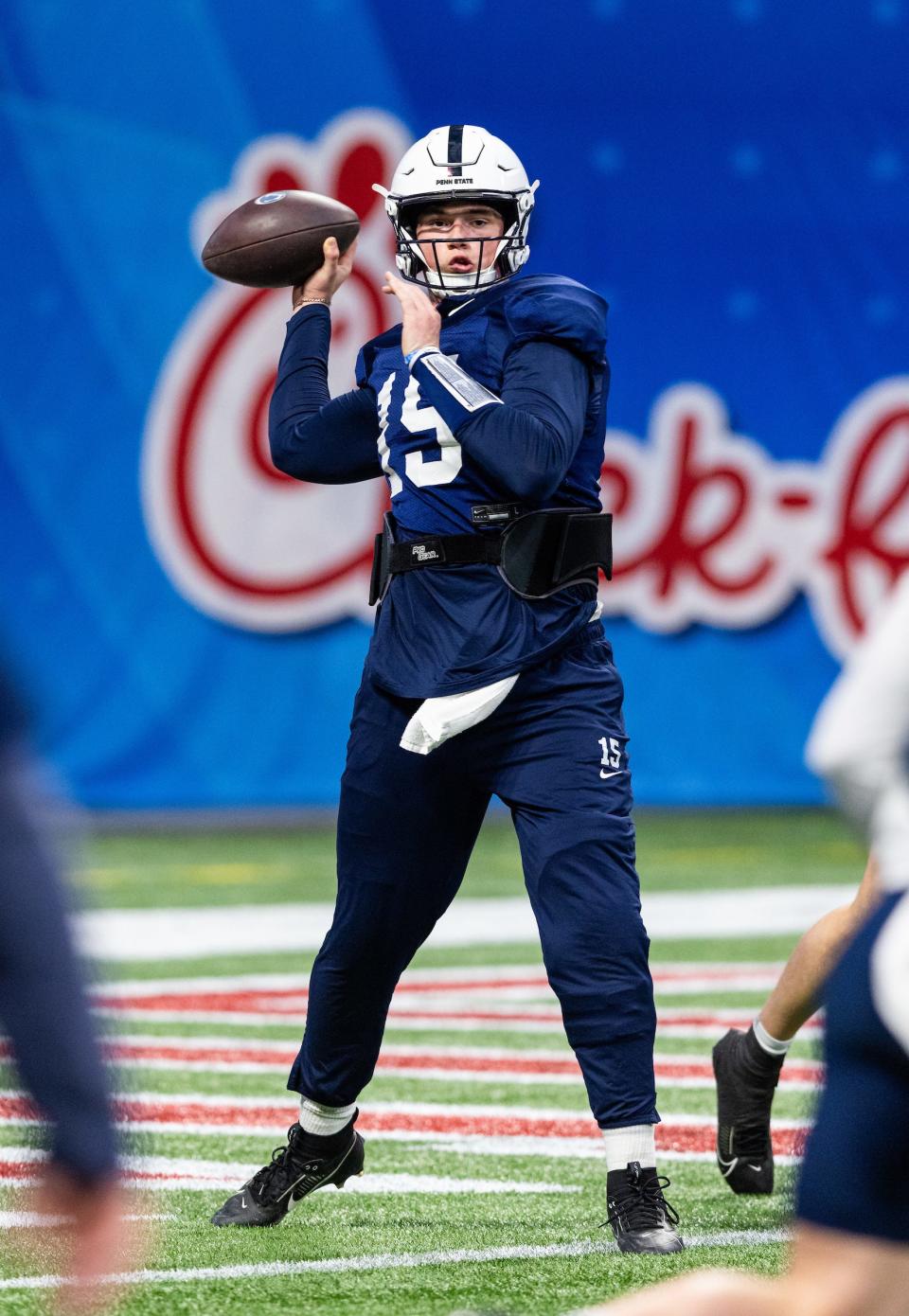 Penn State quarterback Drew Allar looks to build upon a strong, uplifting finish to the regular season in Saturday's Peach Bowl vs. Ole Miss. (Jason Parkhurst via Abell Images for the Chick-fil-A Peach Bowl)