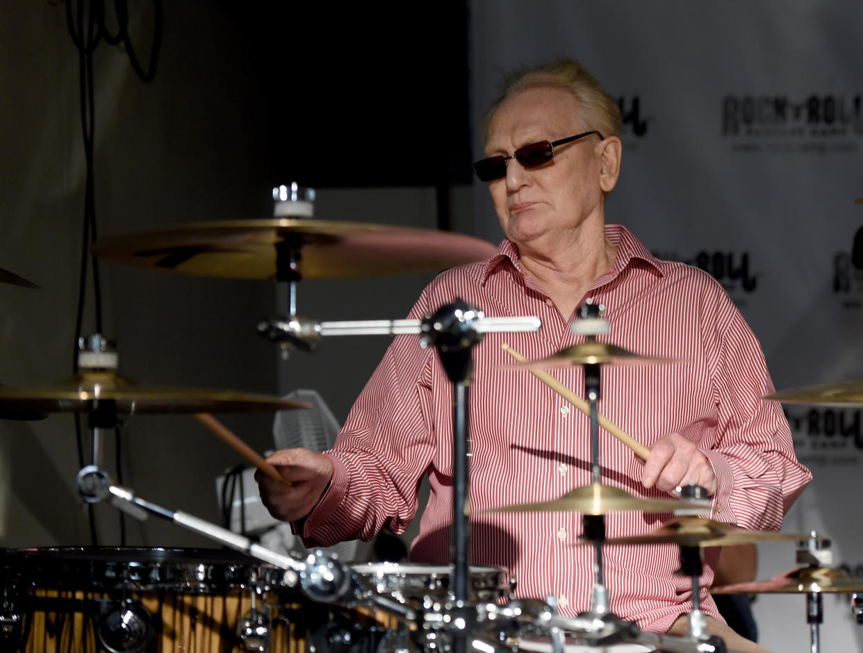 NORTH HOLLYWOOD, CA - NOVEMBER 06:  Musician Ginger Baker of Cream performs at the Rock 'N' Roll Fantasy Camp at AMP Rehearsal Studios on November 6, 2015 in North Hollywood, California.  (Photo by Kevin Winter/Getty Images)