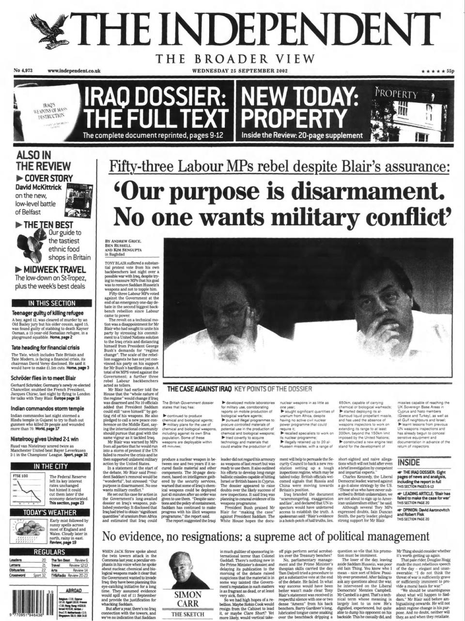 The Independent front page on 25 September 2002 (The Independent)