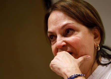 Mitzy Capriles de Ledezma, wife of former Caracas mayor Antonio Ledezma, reacts during a news conference in Madrid, Spain August 1, 2017. REUTERS/Sergio Perez