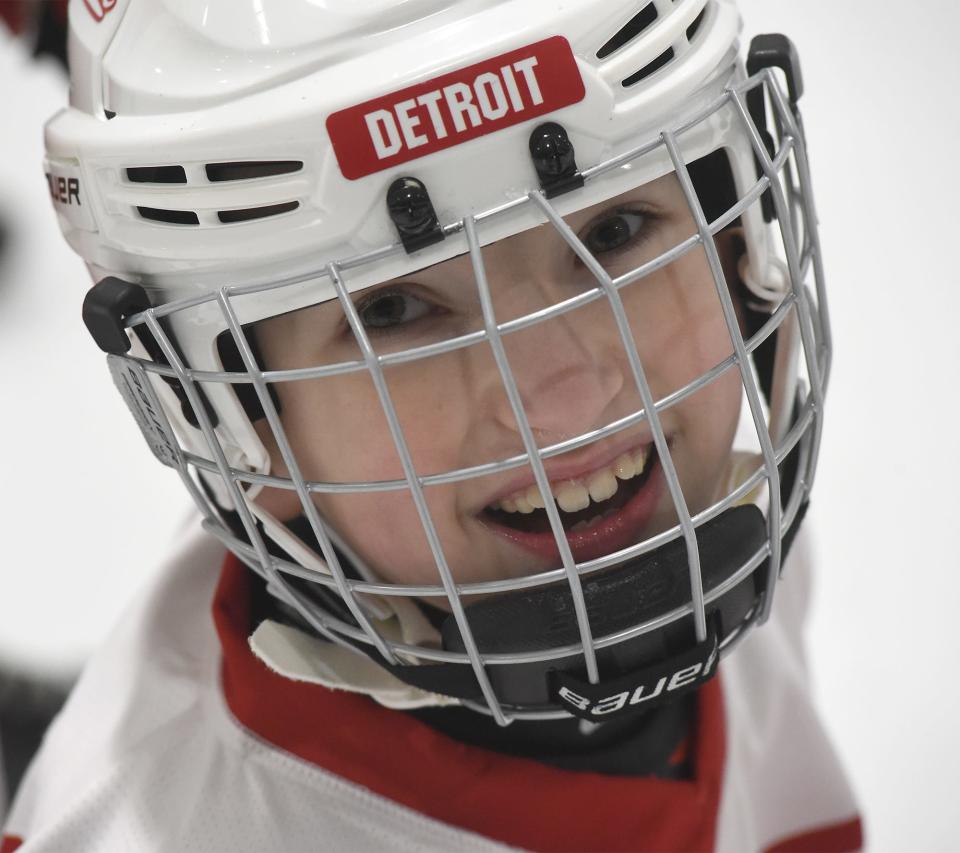 Conner Adcock, 9, on the novice Belle Tire Sled Hockey team.