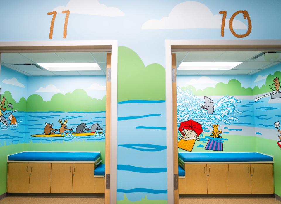 Rooms in the on-site urgent care at the new Texas Children's Hospital in Cedar Park feature colorful Austin-themed murals to make children feel more comfortable, Jan. 31, 2024. The on-site urgent care allows the hospital to send incoming non-emergent patients to an urgent care in the same building.