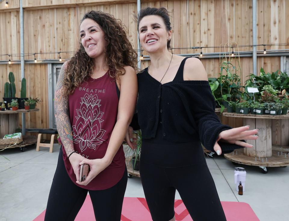 Bija Yoga and Wellness owners Chanel Nelson and Shona Kay Moyer talk with the class prior to a session in Orem on Sunday, Jan. 22, 2023. | Jeffrey D. Allred, Deseret News