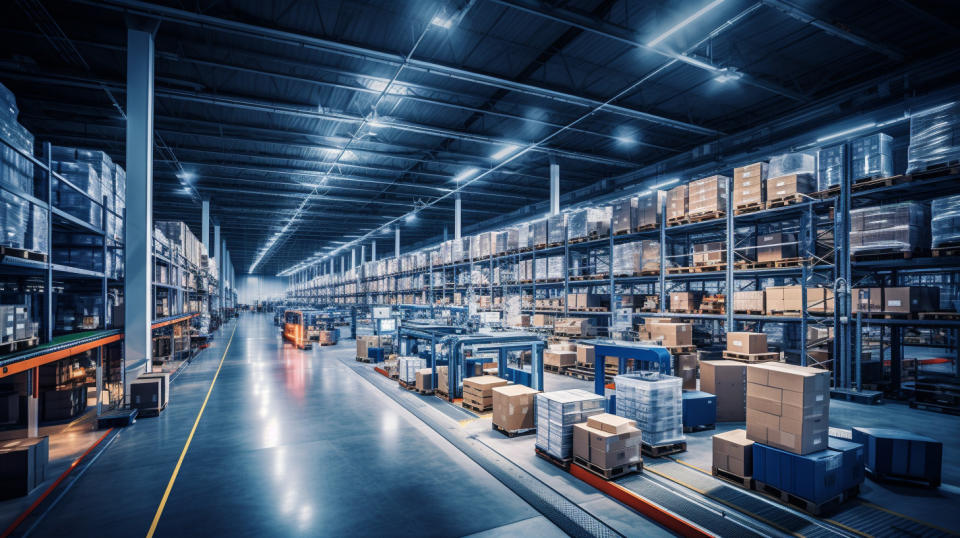 A wide and imposing view of a supply chain distribution center, illustrating the company's technology capabilities.