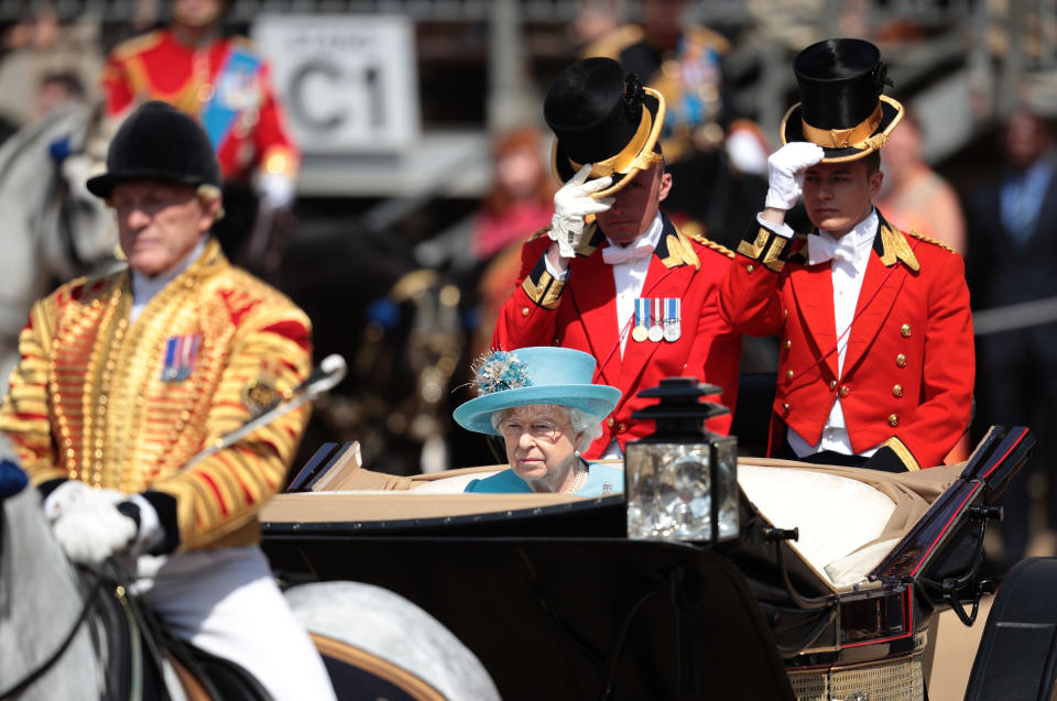 Queen Elizabeth II arrives at The Royal Horseguards during the Trooping The Colour ceremony on June 9, 2018 in London, England. The annual ceremony involving over 1,400 guardsmen and cavalry, is believed to have first been performed during the reign of King Charles II. The parade marks the official birthday of the Sovereign, even though the Queen's actual birthday is on April 21st