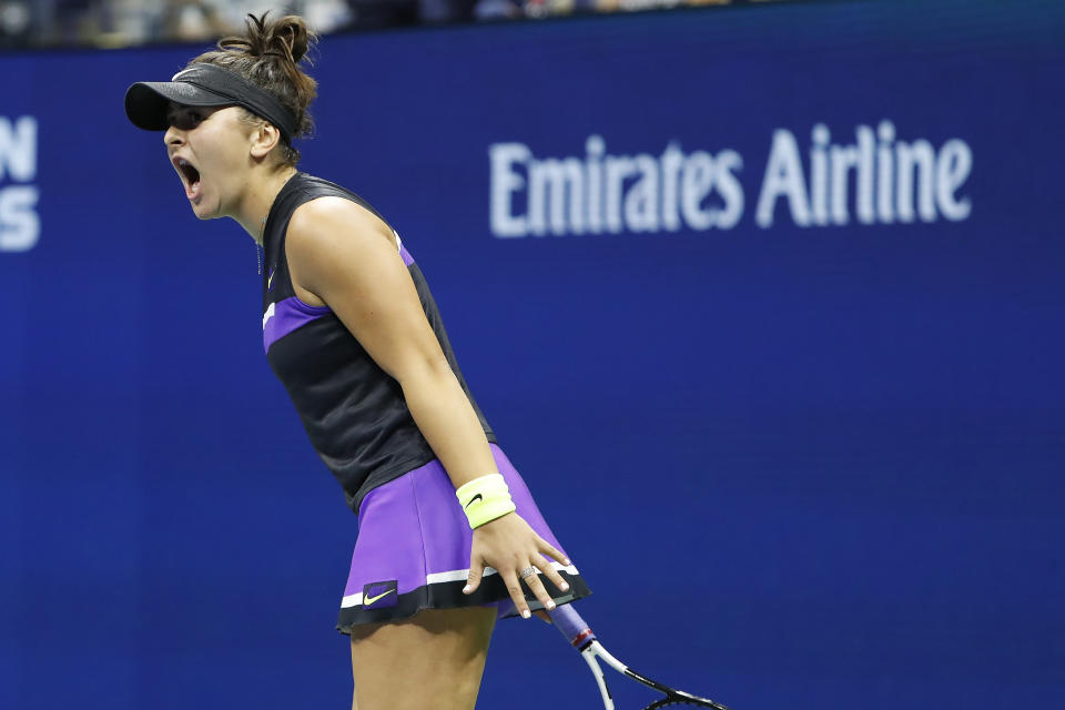 Sep 2, 2019; Flushing, NY, USA; Bianca Andreescu of Canada reacts to winning a point against Taylor Townsend of the United States (not pictured) in the fourth round on day eight of the 2019 US Open tennis tournament at USTA Billie Jean King National Tennis Center. Mandatory Credit: Geoff Burke-USA TODAY Sports