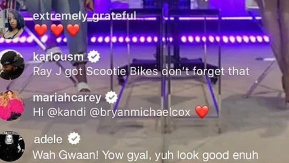 Fans were confused after seeing an image of Adele saying "Wah Gwaan! Yow gyal, yuh look good enuh," on a live stream by RnB singers Brandy and Monica on Monday. Photo: Twitter 