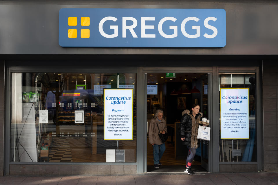 CARDIFF, UNITED KINGDOM - MARCH 24: A general view of a Greggs store on March 24, 2020 in Cardiff, United Kingdom. British Prime Minister, Boris Johnson, announced strict lockdown measures urging people to stay at home and only leave the house for basic food shopping, exercise once a day and essential travel to and from work. The Coronavirus (COVID-19) pandemic has spread to at least 182 countries, claiming over 17,000 lives and infecting hundreds of thousands more. (Photo by Matthew Horwood/Getty Images)