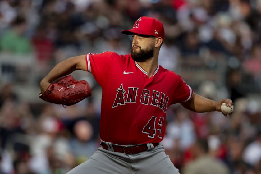 Los Angeles Angels' Patrick Sandoval pitches against the Atlanta Braves.