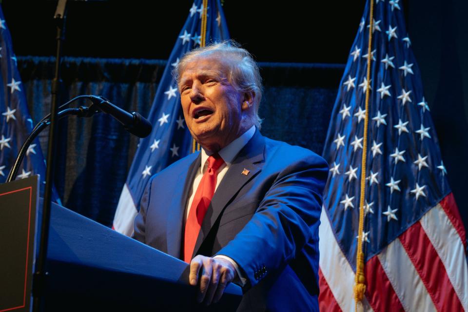 Former President Donald Trump speaking at an election campaign rally in Davenport, Iowa, on March 13, 2023.