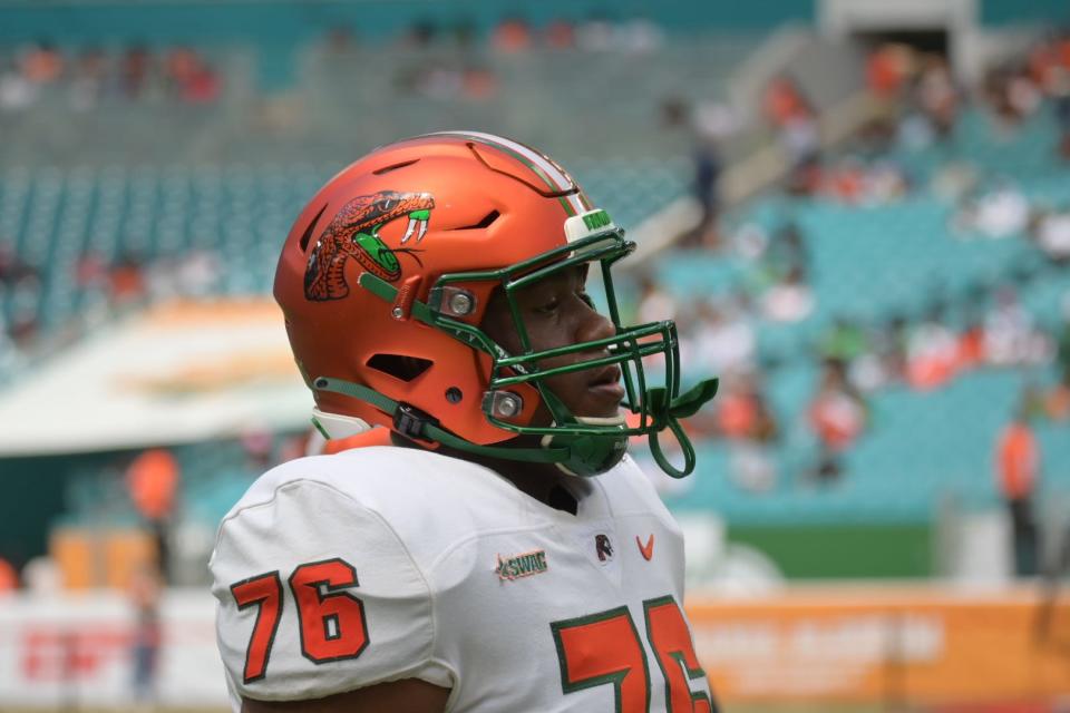 Florida A&M Rattlers right tackle Cameron Covin (76) looks on during pregame of the Orange Blossom Classic against the Jackson State Tigers at Hard Rock Stadium in Miami Gardens, Sept. 4, 2022.