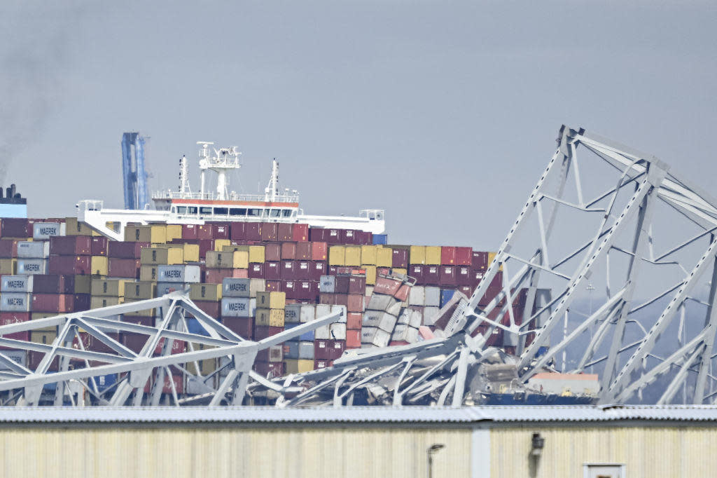 A view of the collapsed Francis Scott Key Bridge after a collision with a cargo ship in Baltimore, Maryland, on March 26, 2024. / Credit: Celal Gunes/Anadolu via Getty Images