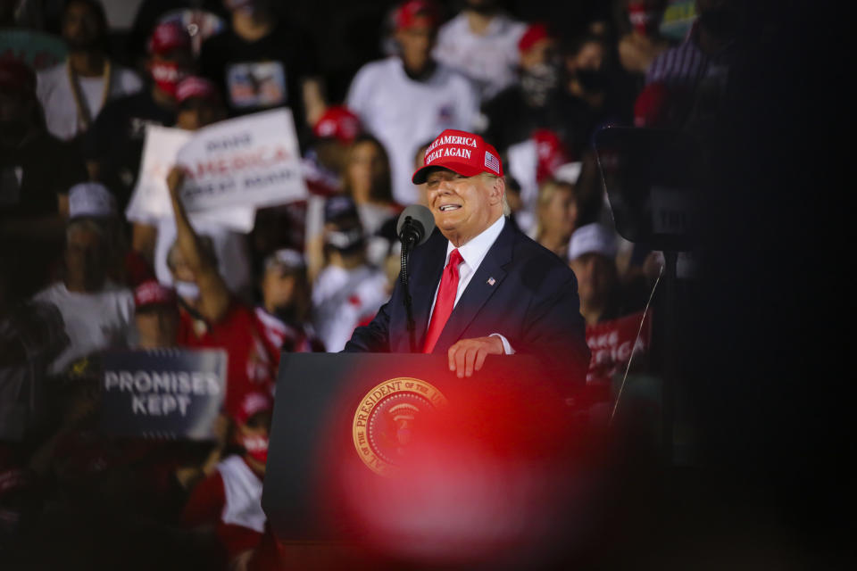 FLORIDA, USA - NOVEMBER 2: US President Donald Trump holds a rally to address his supporters at Miami-Opa Locka Executive Airport in Miami, Florida, United States on November 2, 2020. (Photo by Eva Marie Uzcategui Trinkl/Anadolu Agency via Getty Images)