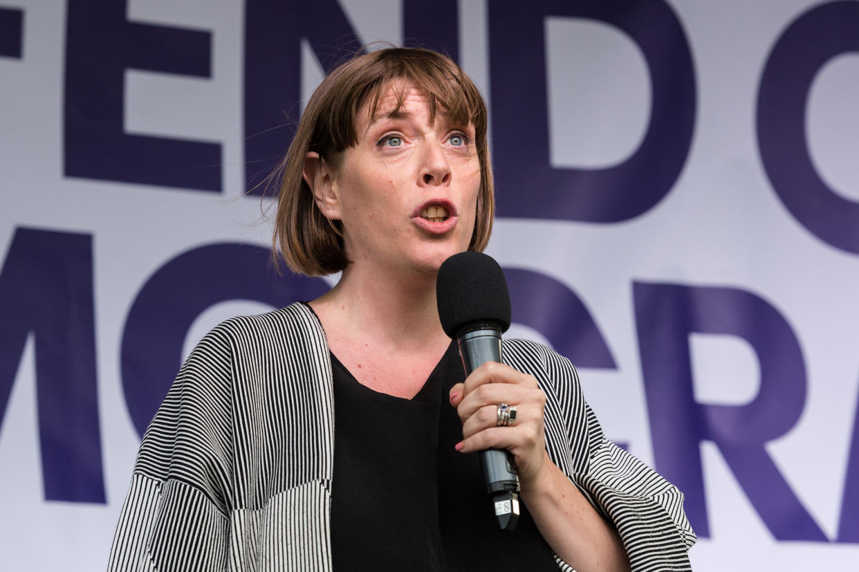 Labour Party MP Jess Phillips speaks to thousands of pro-EU demonstrators gathered for a cross-party rally in Parliament Square, organised by the People's Vote Campaign on 04 September, 2019 in London, England, to protest against Boris Johnson's Brexit strategy which involves leaving the EU on 31 October 2019 with or without an exit deal. (Photo by WIktor Szymanowicz/NurPhoto via Getty Images)
