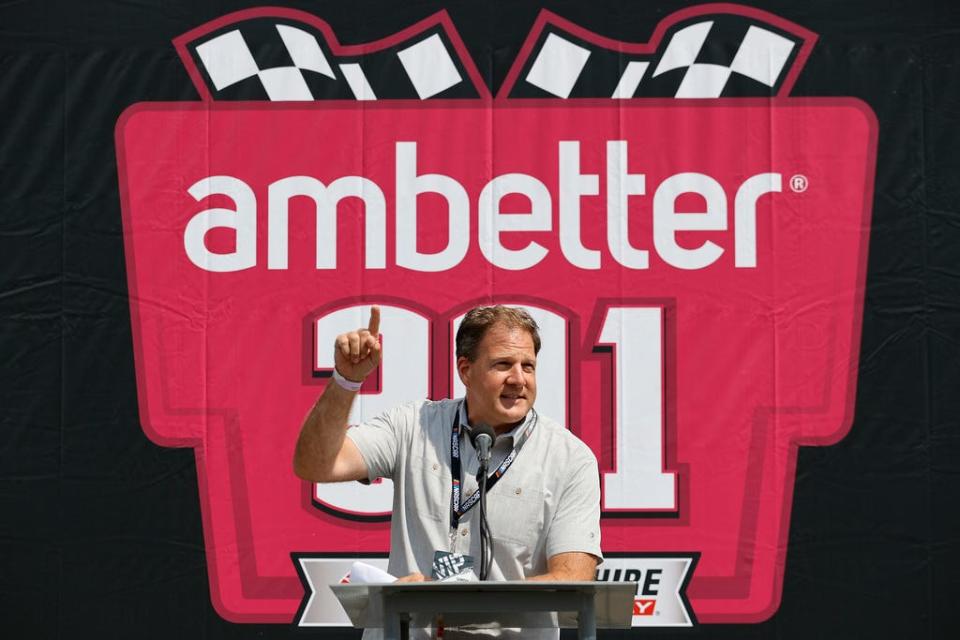 Governor of New Hampshire Chris Sununu speaks during pre-race ceremonies prior to the NASCAR Cup Series Ambetter 301 at New Hampshire Motor Speedway on July 17, 2022 in Loudon, New Hampshire.