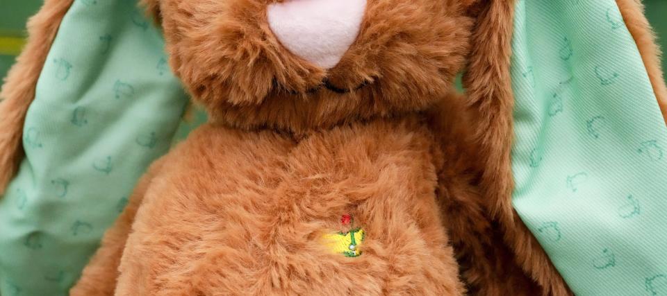 A close-up of the Masters logo on the plush bunnies available at Augusta National.
