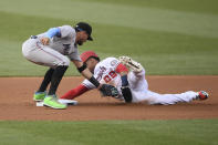 Washington Nationals' Juan Soto steals second against Miami Marlins shortstop Miguel Rojas, left, during the first inning of a baseball game Wednesday, July 21, 2021, in Washington. (AP Photo/Nick Wass)