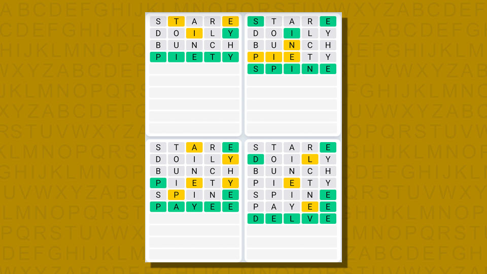 Quordle daily sequence answers for game 748 on a yellow background