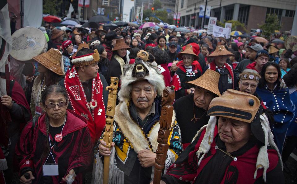 First Nations' elders wait to take part in a Truth and Reconciliation march in Vancouver