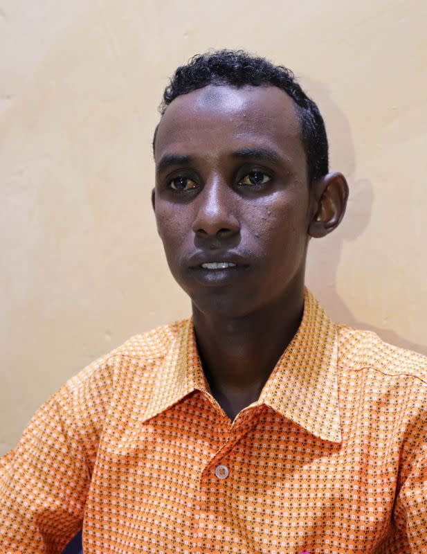 Mohamed Omar Abukar, a Somali student, talks during an interview with Reuters after his mother and nieces were injured during an airstrike in Mogadishu