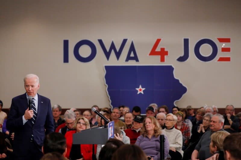 FILE PHOTO: Democratic 2020 U.S. presidential candidate and former U.S. Vice President Joe Biden speaks during a campaign event in Ames, Iowa