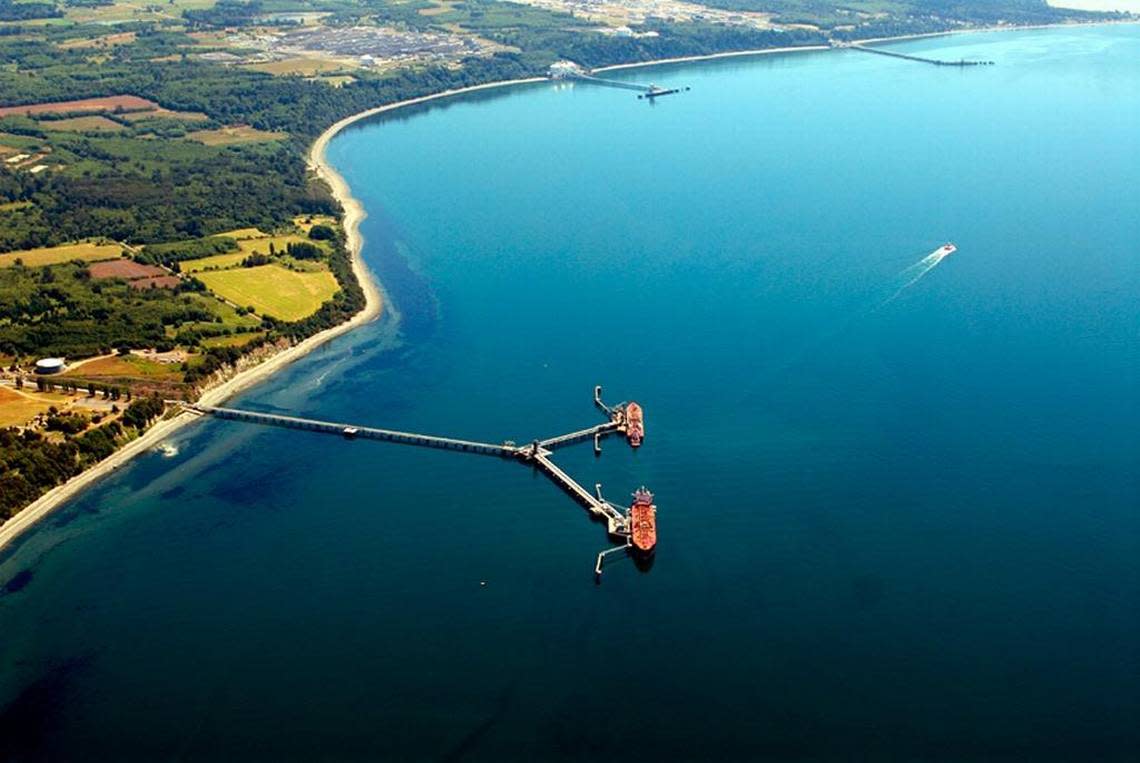 The two wings of the BP Cherry Point dock are shown in this undated aerial photo by NOAA, which was included in the U.S. Army Corps of Engineers’ draft environmental study.