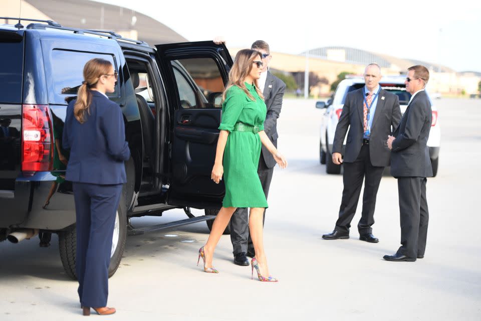 The piece FLOTUS opted to wear for a trip to Lily’s Place, a drug recovery center for infants, in West Virginia, was a green muslin shirtdress. Photo: Getty Images