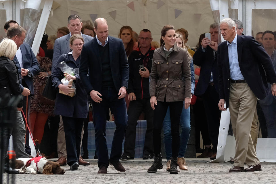 Kate Middleton wore an olive green jacket, black skinny jeans and a pair of hiking boots for the walkabout in Cumbria