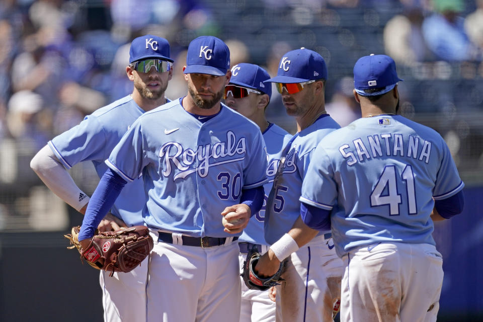 Kansas City Royals starting pitcher Danny Duffy waits to come out of a baseball game during the sixth inning against the Cleveland Indians, Thursday, May 6, 2021, in Kansas City, Mo. (AP Photo/Charlie Riedel)