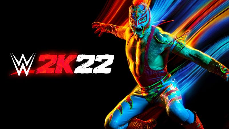 Rey Mysterio leaps into frame with tracer lights of neon blue, red, and orange trailing after him. 