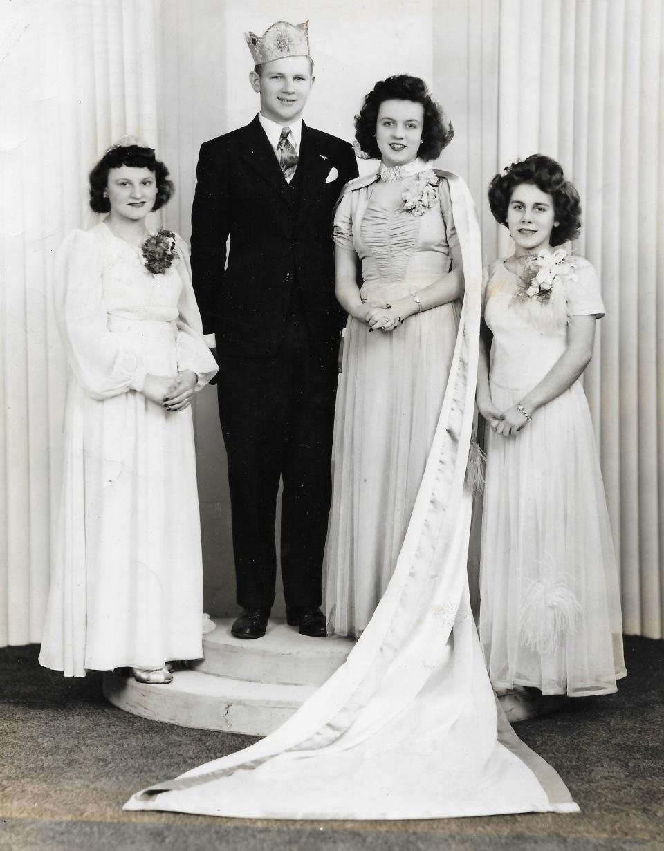 Akron Magyar Home king Steve Szalay and queen Irene Jobbagy are flanked by attendants Irena Kovacs, left, and Marjorie Banks at a Hungarian dance in 1944.