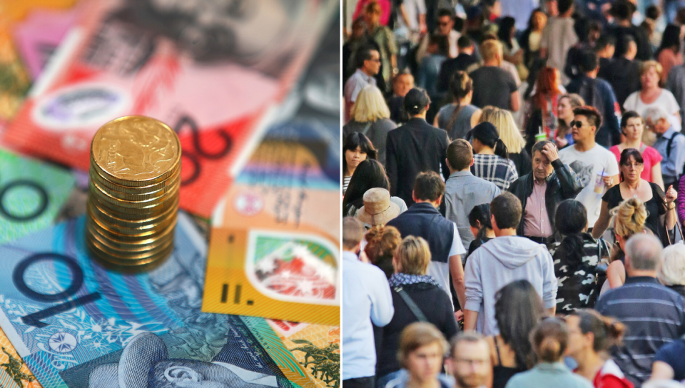 Australian currency and a crowd of people walking to represent Australian workers and their pay.