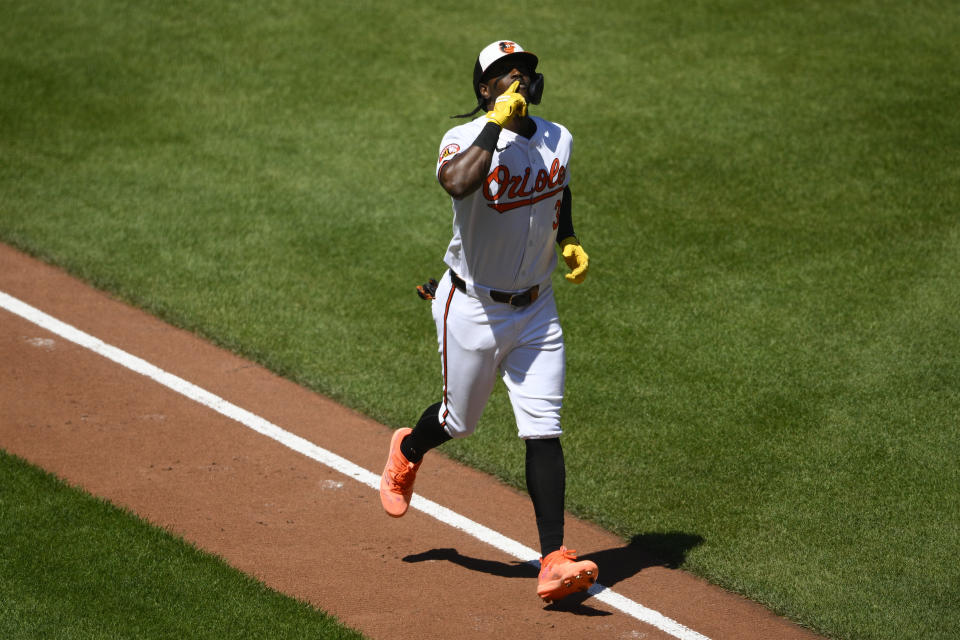 Baltimore Orioles' Jorge Mateo celebrates his home run during the fourth inning of a baseball game against the New York Yankees, Thursday, May 2, 2024, in Baltimore. (AP Photo/Nick Wass)
