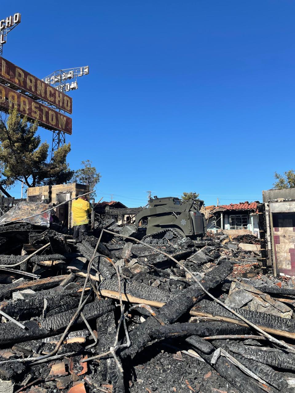 An inferno engulfed most of structure that makes up the more than 70-year-old El Rancho Motel on Main Street in Barstow on July 5, 2022, dousing its iconic “El Rancho Barstow” sign with smoke.