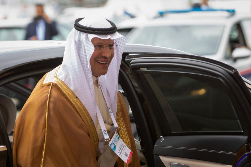 Saudi Arabia's Minister of Energy Prince Abdulaziz bin Salman al-Saud gesture upon his arrival at the 8th OPEC International Seminar in Vienna on July 5, 2023 (Photo by Alex HALADA / AFP) (Photo by ALEX HALADA/AFP via Getty Images)
