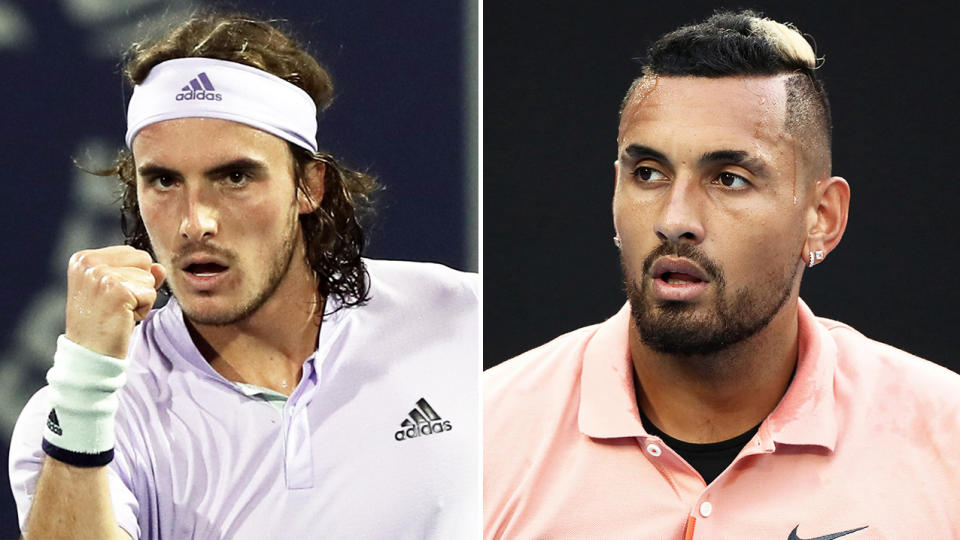 Stefanos Tsitsipas (pictured left) has hit back at Nick Kyrgios' (pictured right) claims about Team Europe and the Laver Cup. (Getty Images)