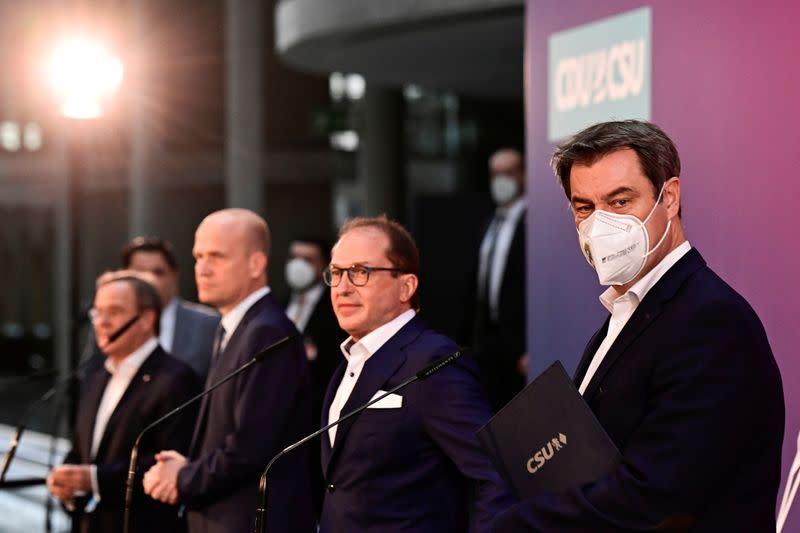 Armin Laschet, Ralph Brinkhaus, Alexander Dobrindt and Markus Soeder attend a news conference in Berlin