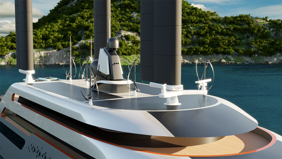 The wind turbines on the upper deck of the Albatross Catamaran Concept